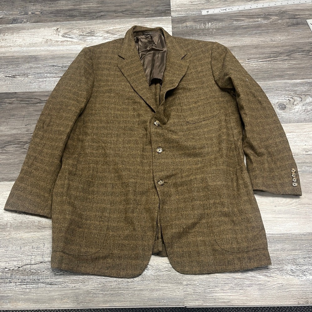 Vintage Ermenegildo Zegna Brown Tan Men's‎ Size 46 Plaid Wool Lined Blazer Coat